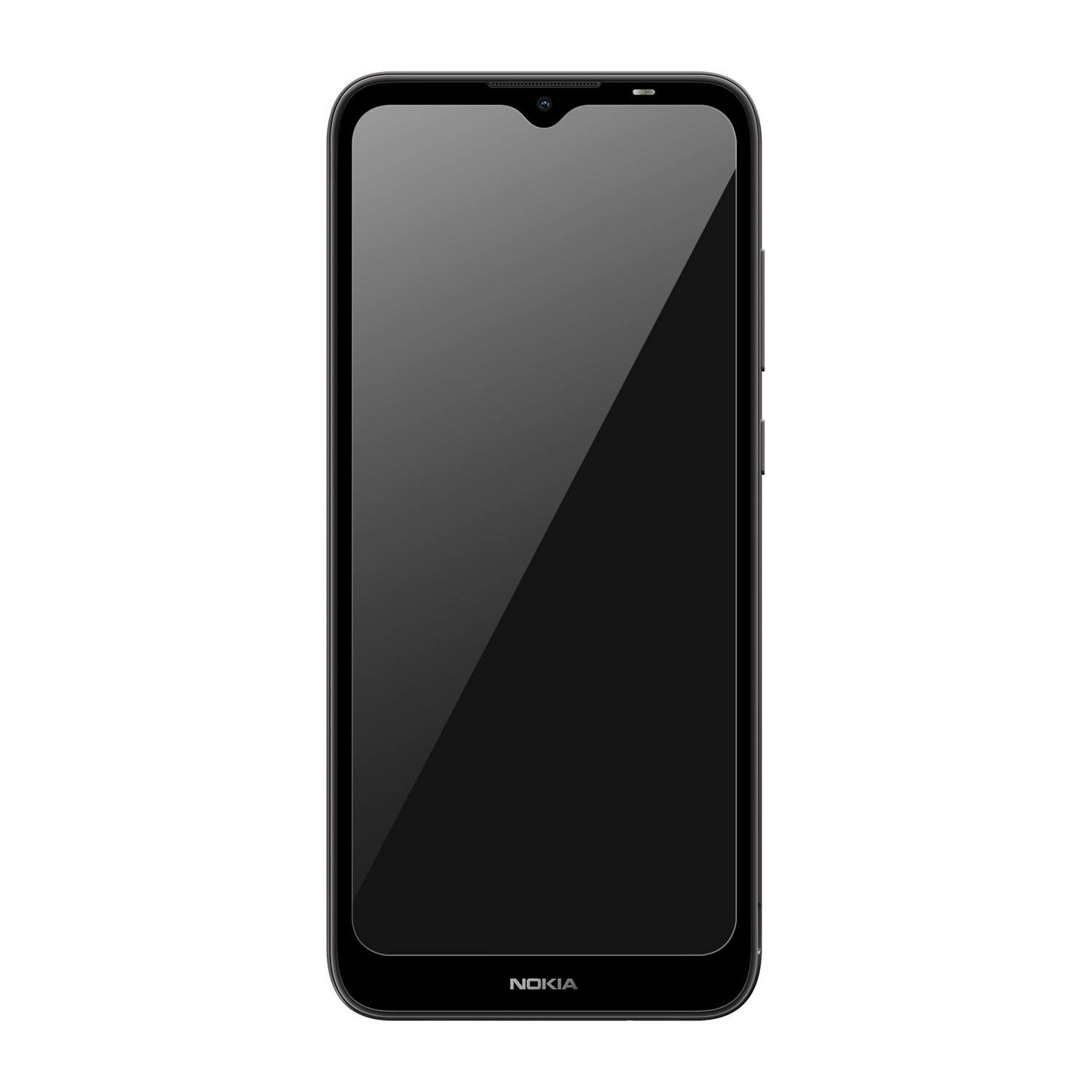 Schwarzes Nokia-Smartphone mit leerem Bildschirm, auf weißem Hintergrund.
