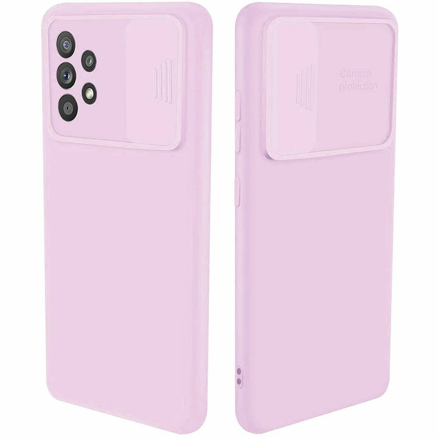 Due custodie per telefono rosa chiaro. Una ha una copertura per la fotocamera, l'altra no.