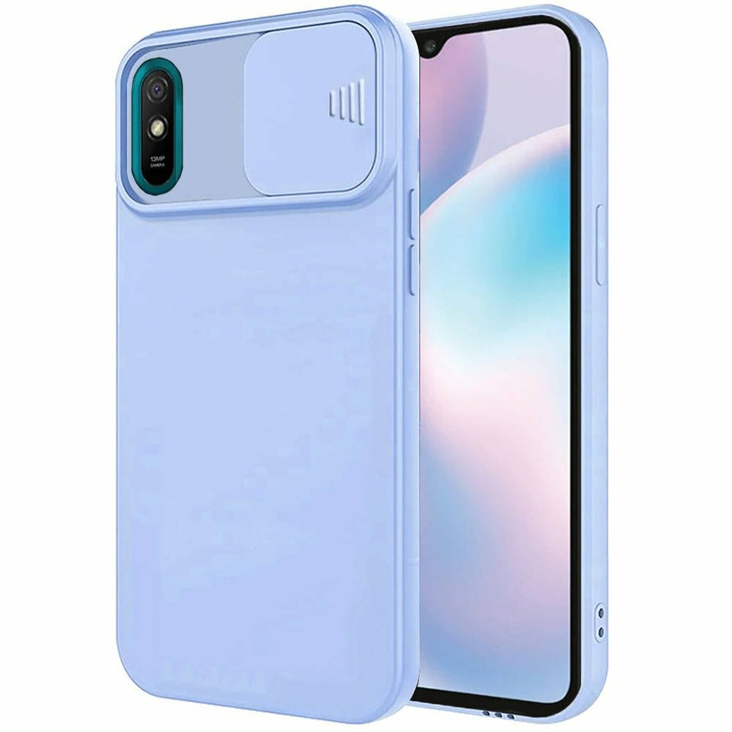 Una custodia per telefono azzurra con copertura per fotocamera. C'è un telefono dentro. Sfondo bianco.