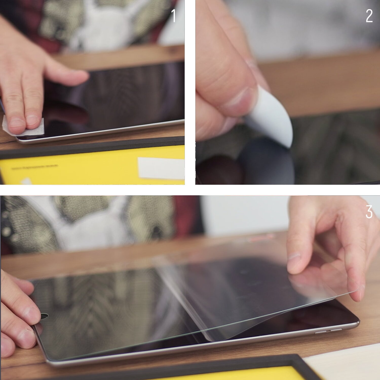 Drei Bilder, die das Anbringen einer Displayschutzfolie auf einem Tablet zeigen.