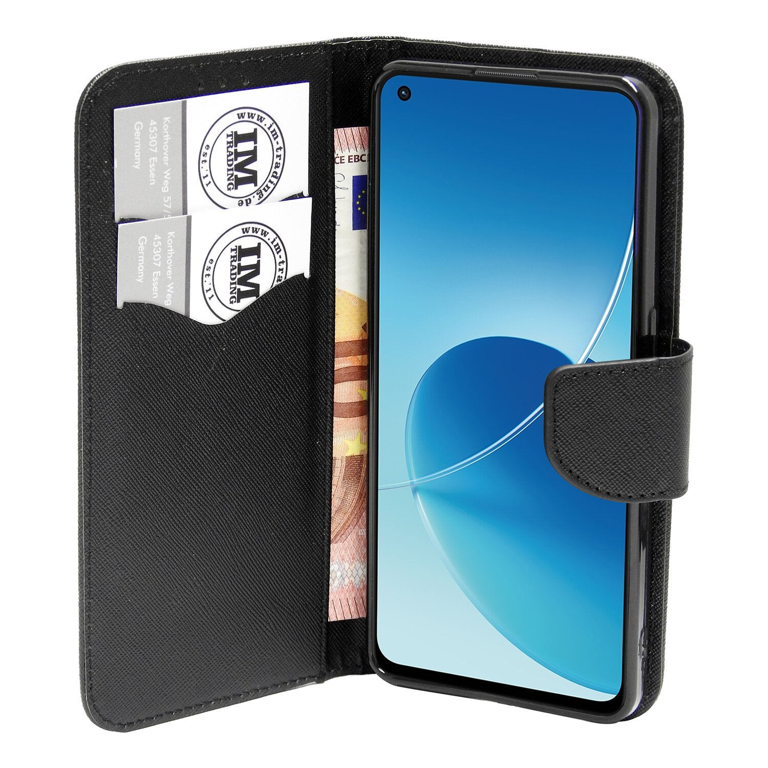 Eine schwarze Handytasche mit Telefon, Karten und Geld im Inneren.
