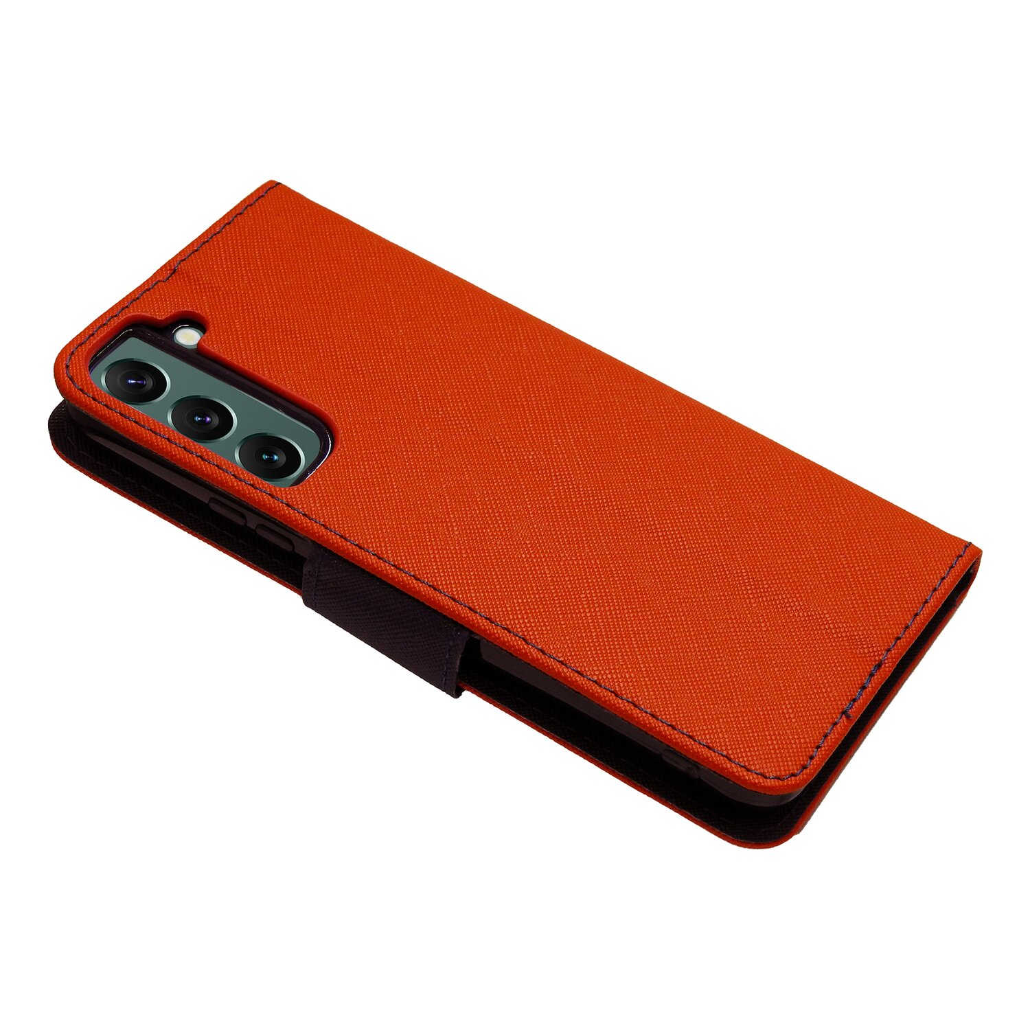 Orangefarbene Handyhülle mit einem Telefon darin. Die Hülle ist offen.