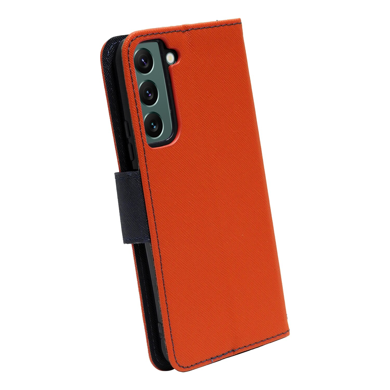 Eine orangefarbene Handyhülle mit schwarzem Riemen, enthält ein Telefon mit drei Kameras.