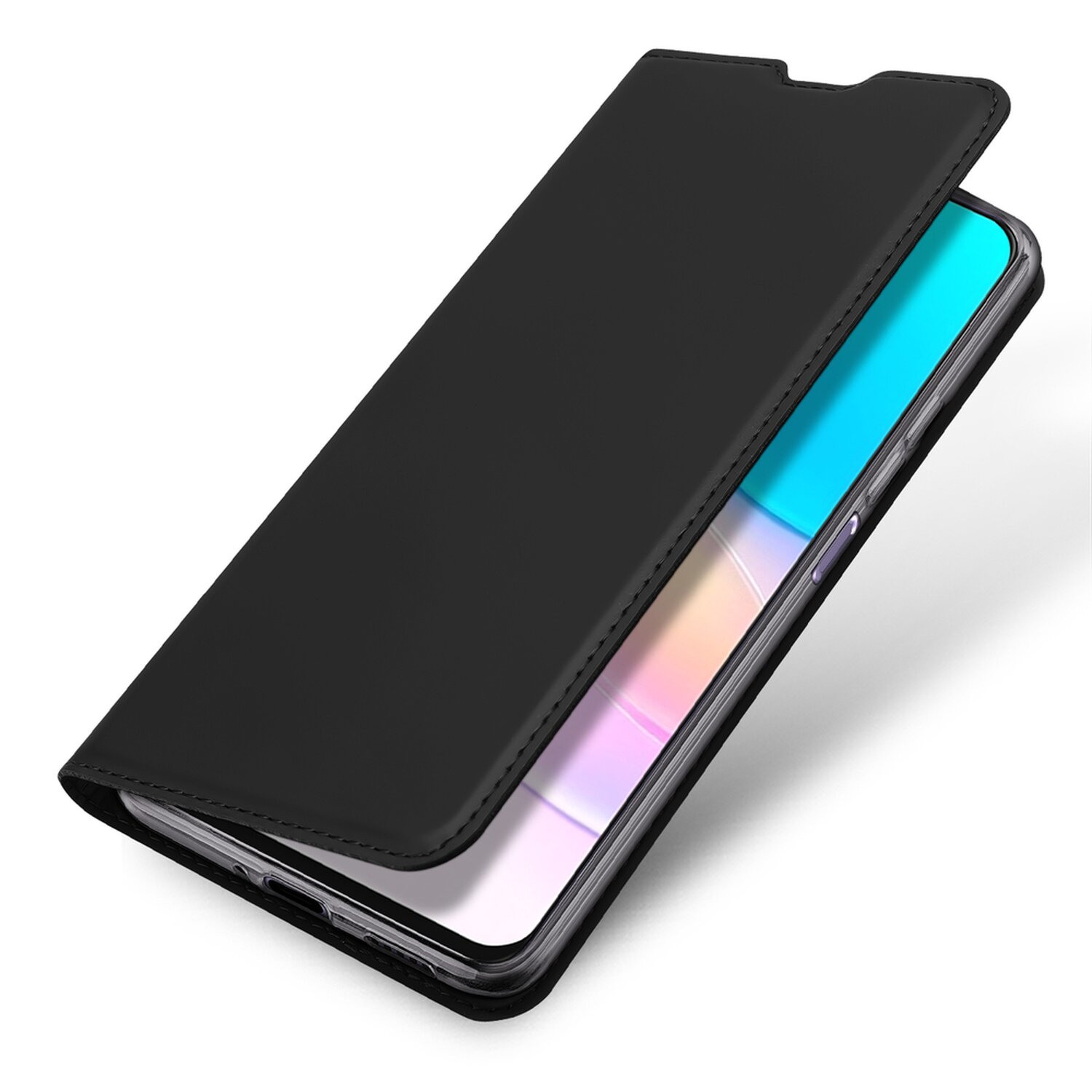 Eine schwarze Handyhülle, geöffnet, mit einem Telefon darin. Der Telefonbildschirm zeigt eine blaue und rosa Anzeige.