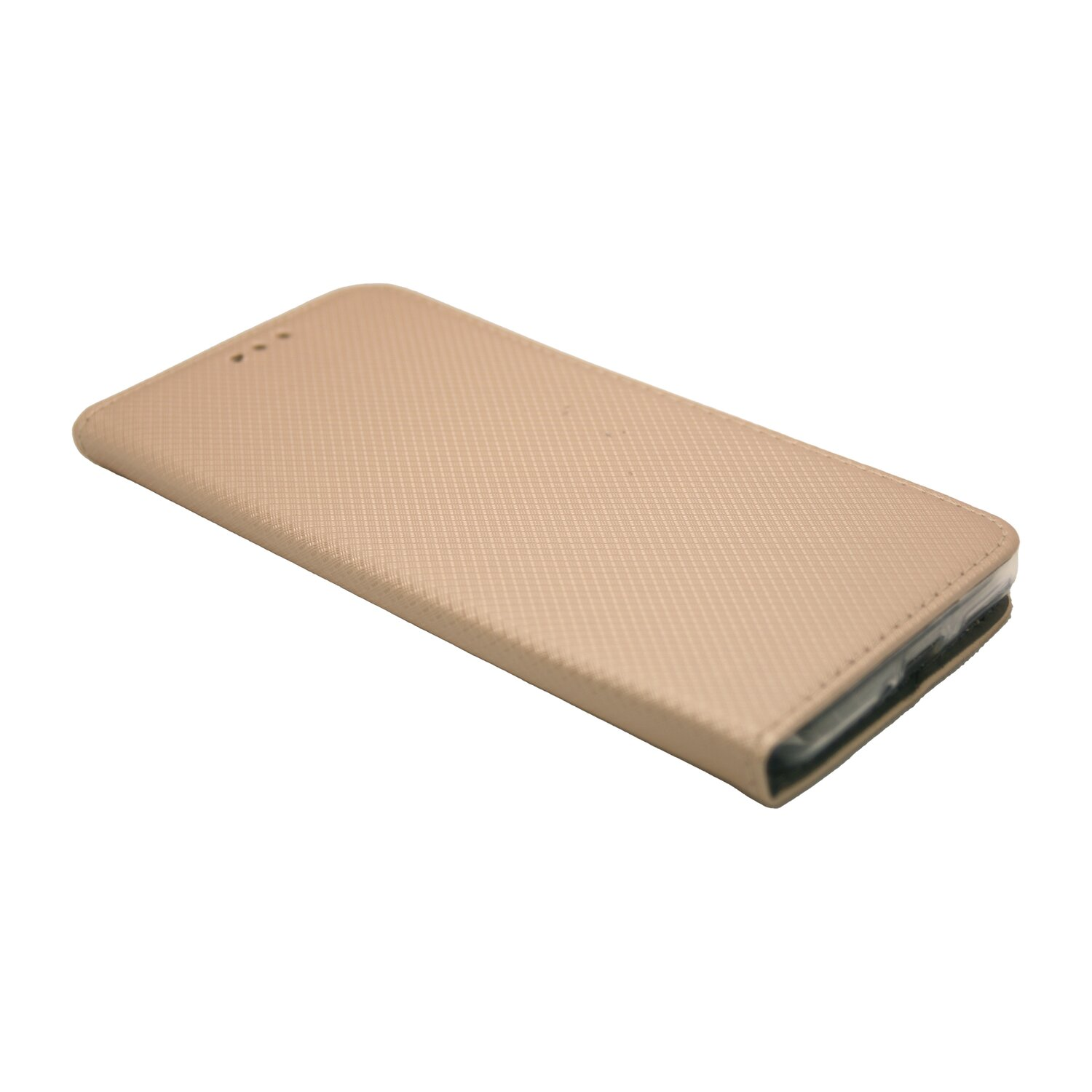 Beiges Handy-Etui, geschlossen, mit strukturierter Oberfläche. Das Etui liegt auf einer weißen Oberfläche.