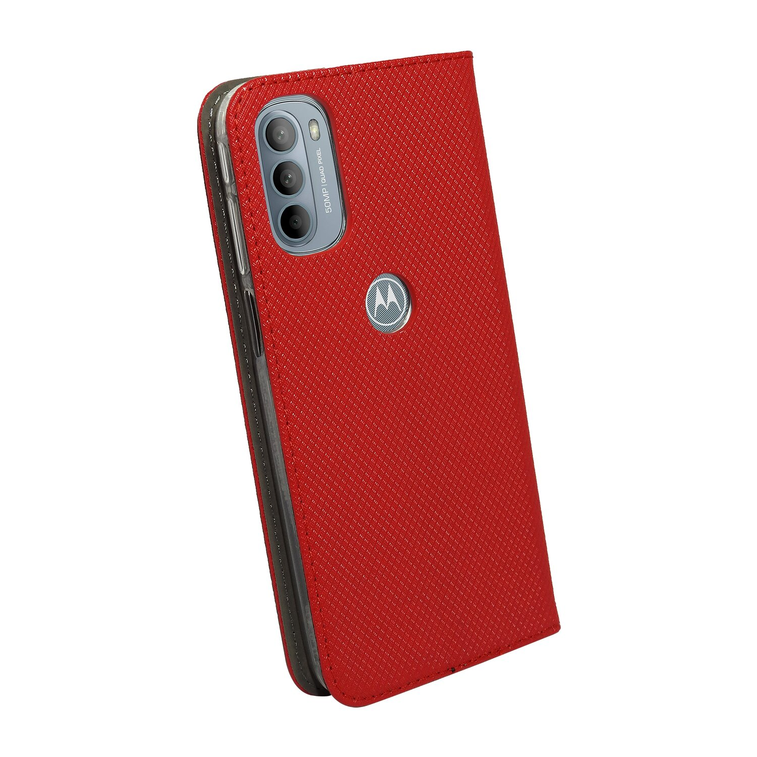 Rote Motorola-Handyhülle. Strukturiertes rotes Äußeres, offen, das Telefon innen zeigend.