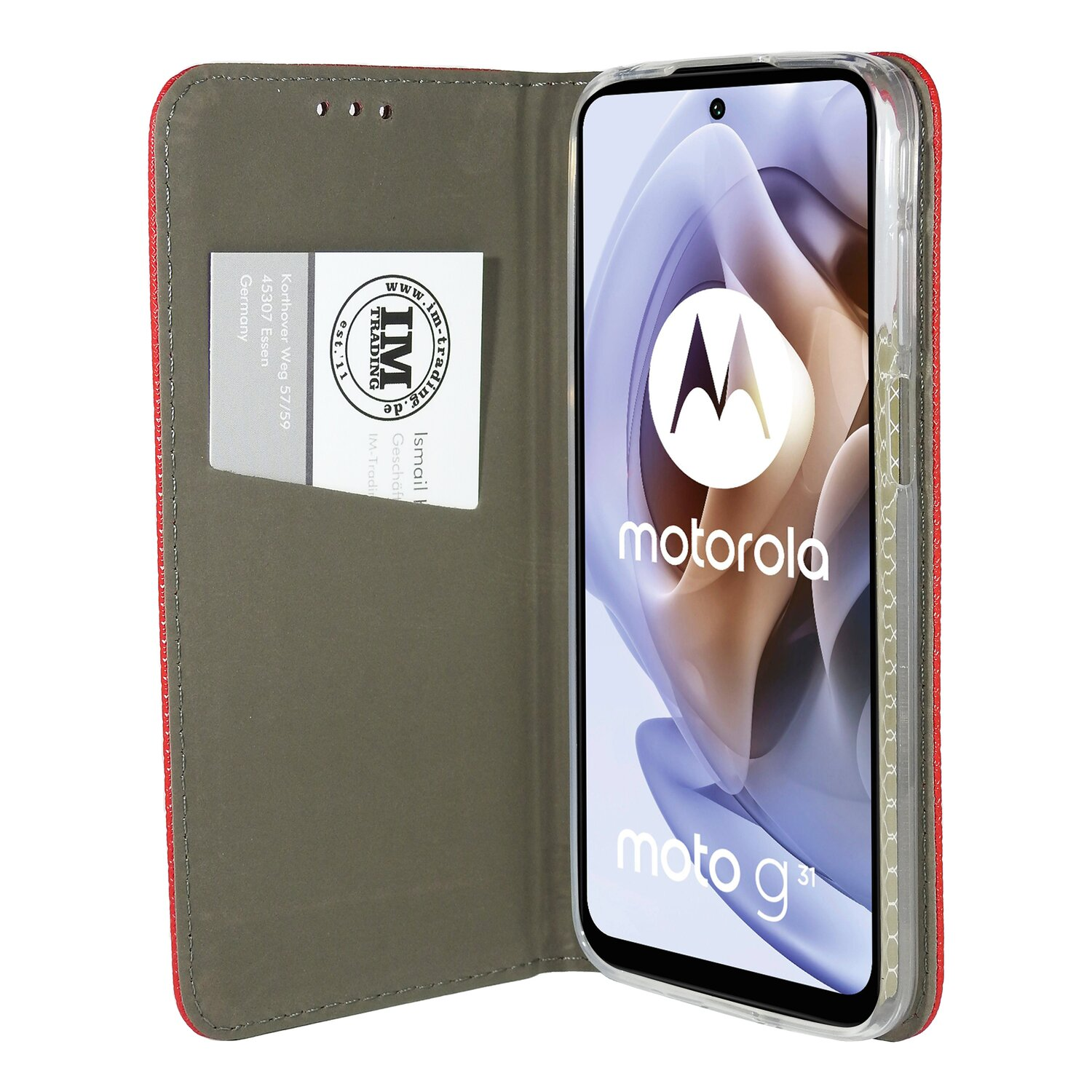 Eine rote Handyhülle, geöffnet, um einen Telefonbildschirm mit dem Motorola-Logo zu zeigen.