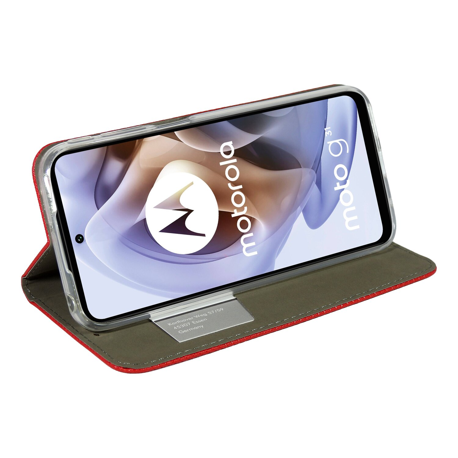 Eine rot-schwarze Handyhülle mit einem Telefon darin.