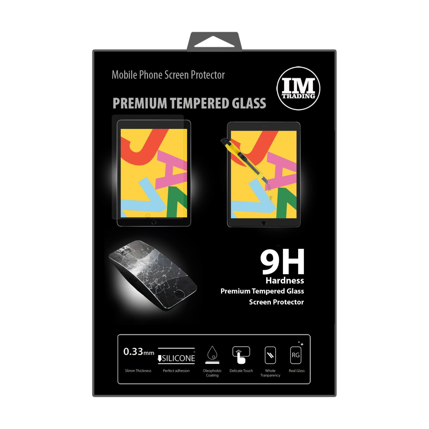 Verpackung für Displayschutzfolie für Mobiltelefone. Zeigt zwei Telefone, einen zerbrochenen Bildschirm und Schutzmerkmale.