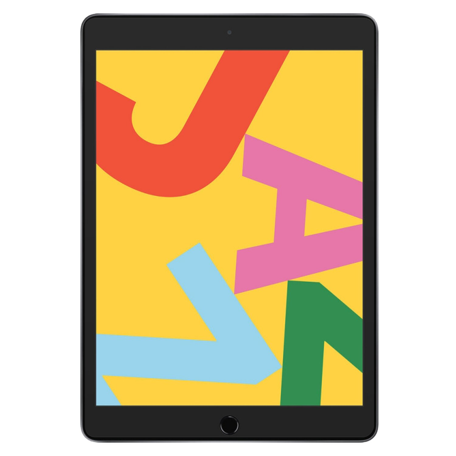 Schwarzes Tablet mit bunten Buchstaben auf dem Bildschirm, auf gelbem Hintergrund.