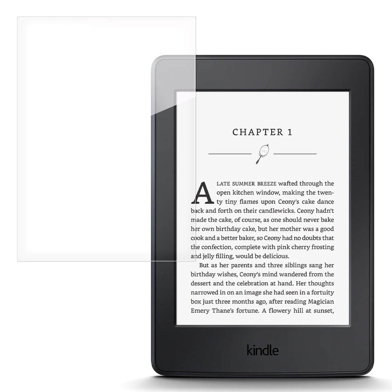 Ein schwarzer Kindle mit Displayschutz, der Text aus einem Buch zeigt.