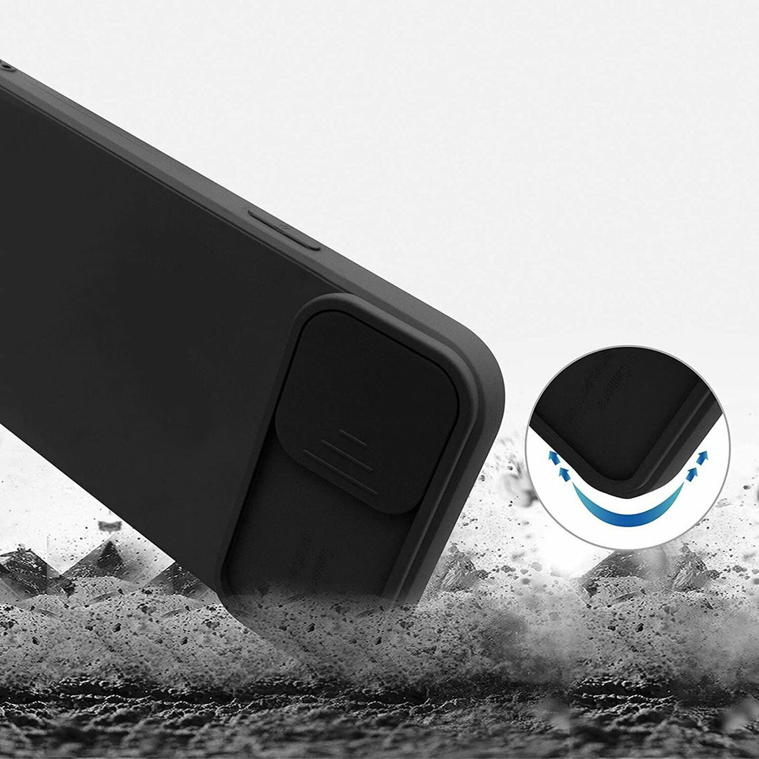 Custodia per telefono nera con copertura della fotocamera scorrevole aperta, su sfondo strutturato.