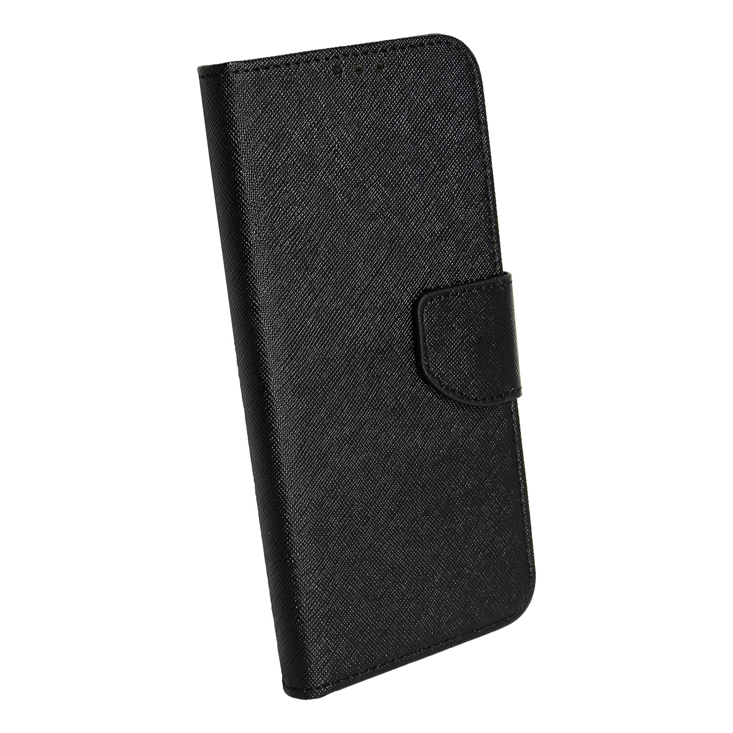 Schwarze Handyhülle mit Klappe und Magnetverschluss. Strukturierte Oberfläche.