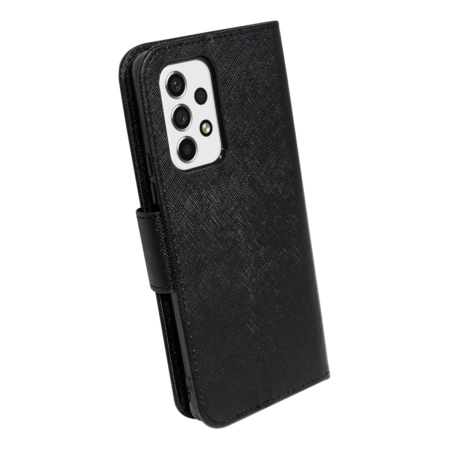 Eine schwarze Handyhülle. Das Telefon befindet sich in der Hülle und die Hülle ist geschlossen.