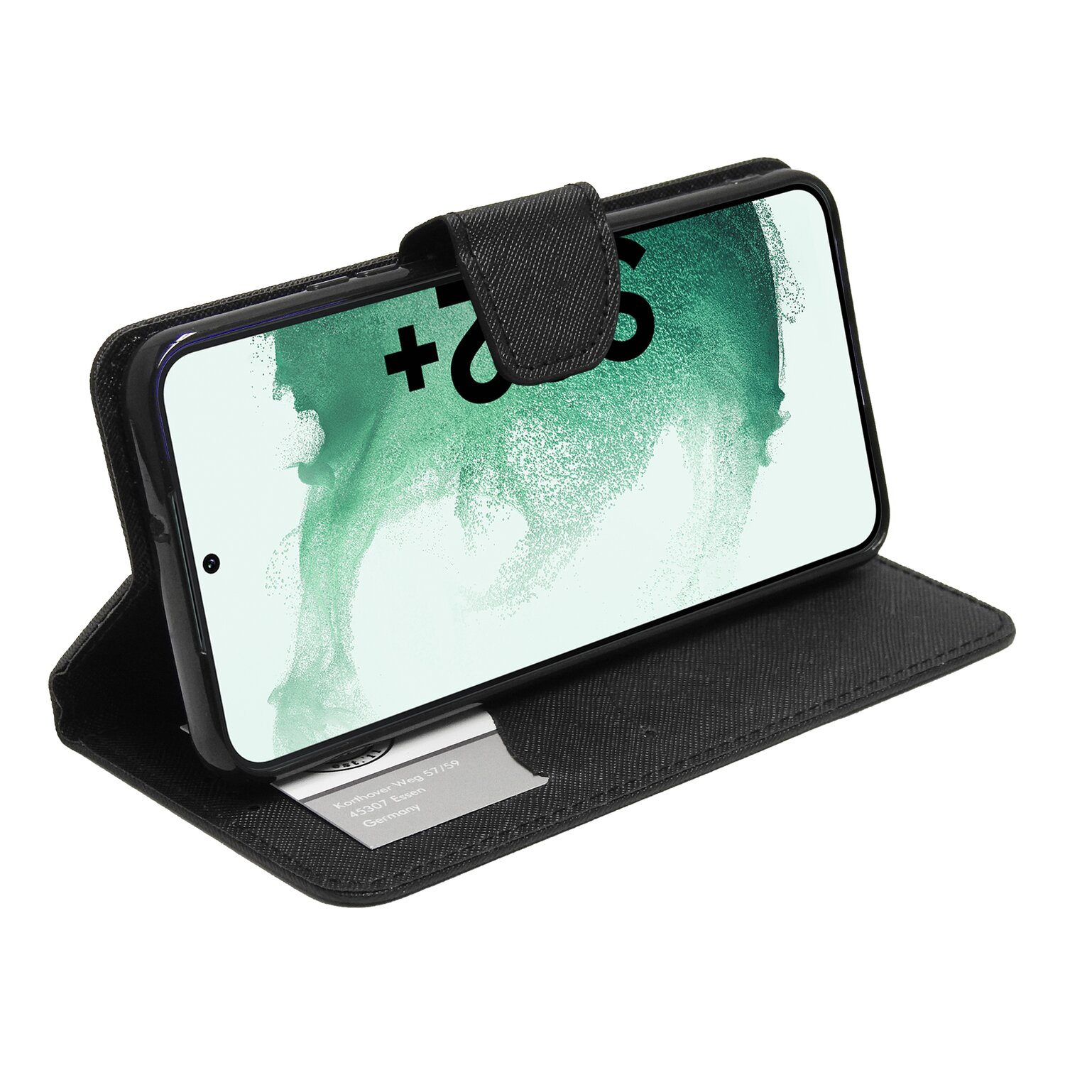 Schwarze Handyhülle geöffnet, mit Telefon, auf weißer Oberfläche.