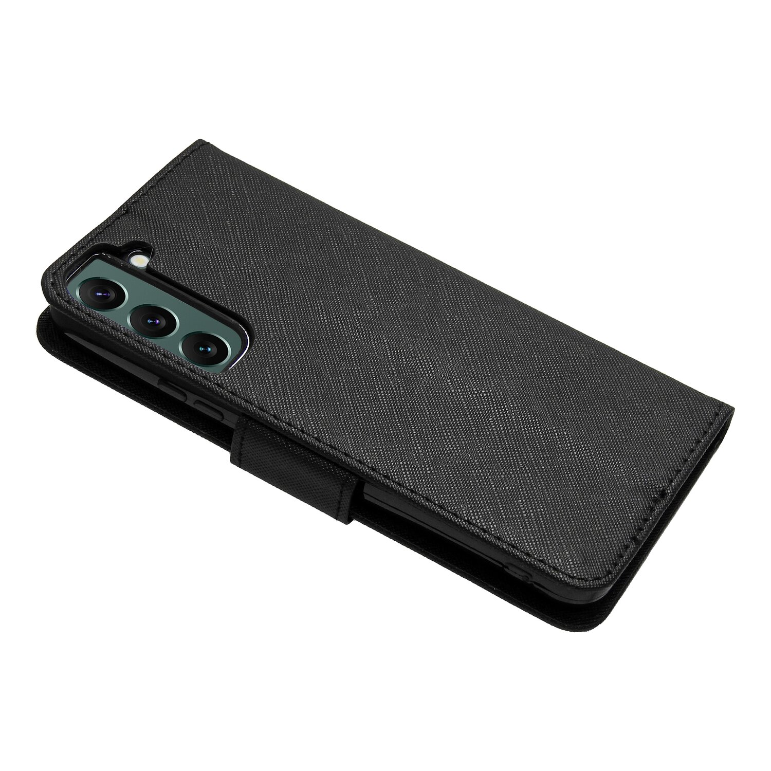Schwarze Handyhülle im Brieftaschenstil, mit Magnetverschluss und sichtbaren Kameras.