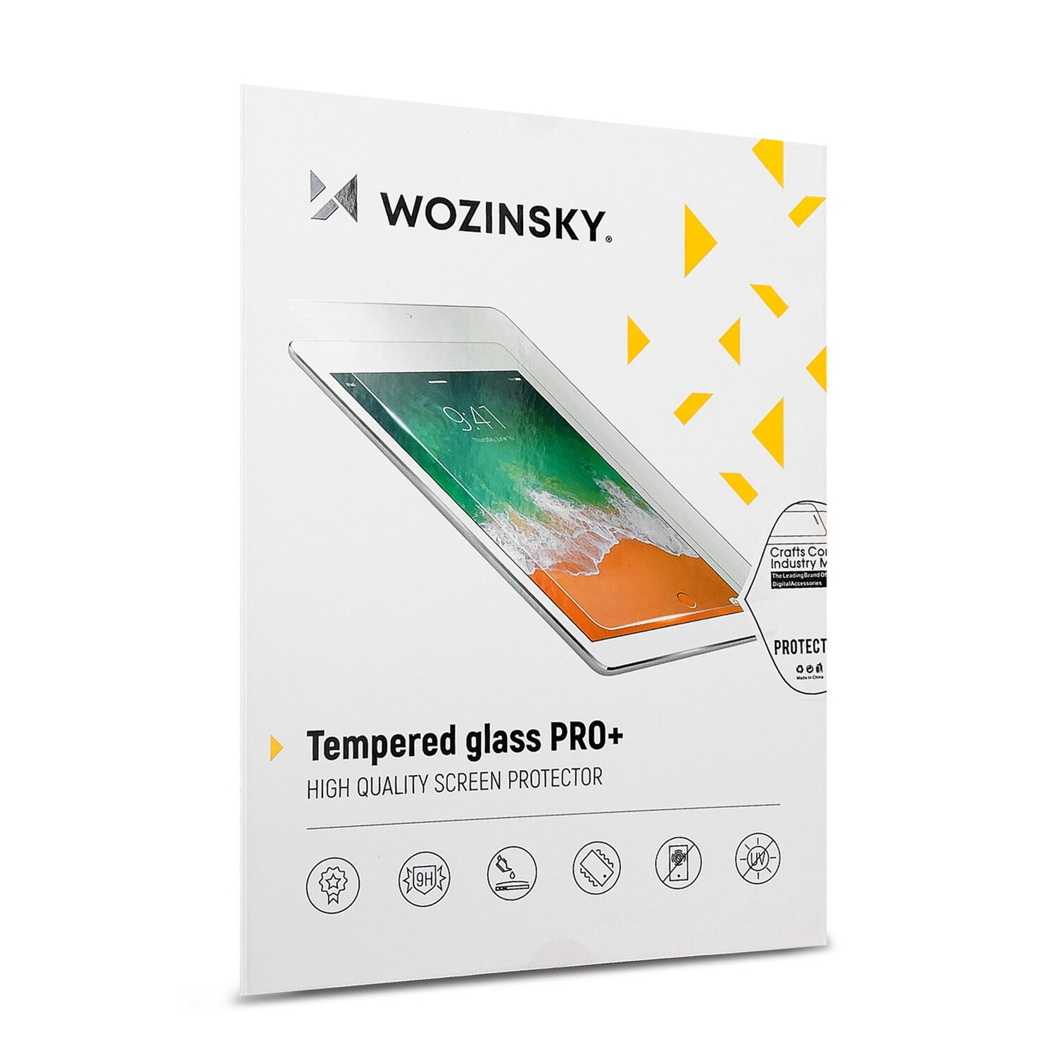 Weiße Box mit einem Bild eines Displayschutzes. Text sagt Tempered glass PRO+.