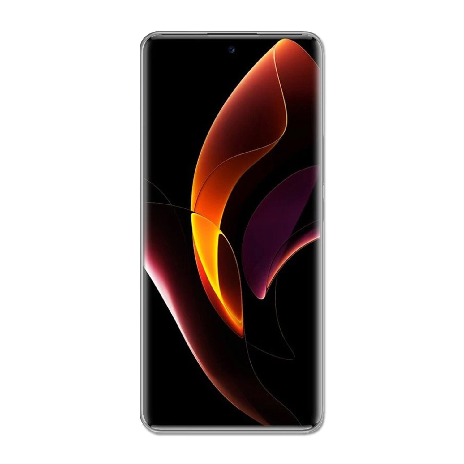 Ein Smartphone mit schwarzem Bildschirm, der orangefarbene und violette abstrakte Kunst zeigt.