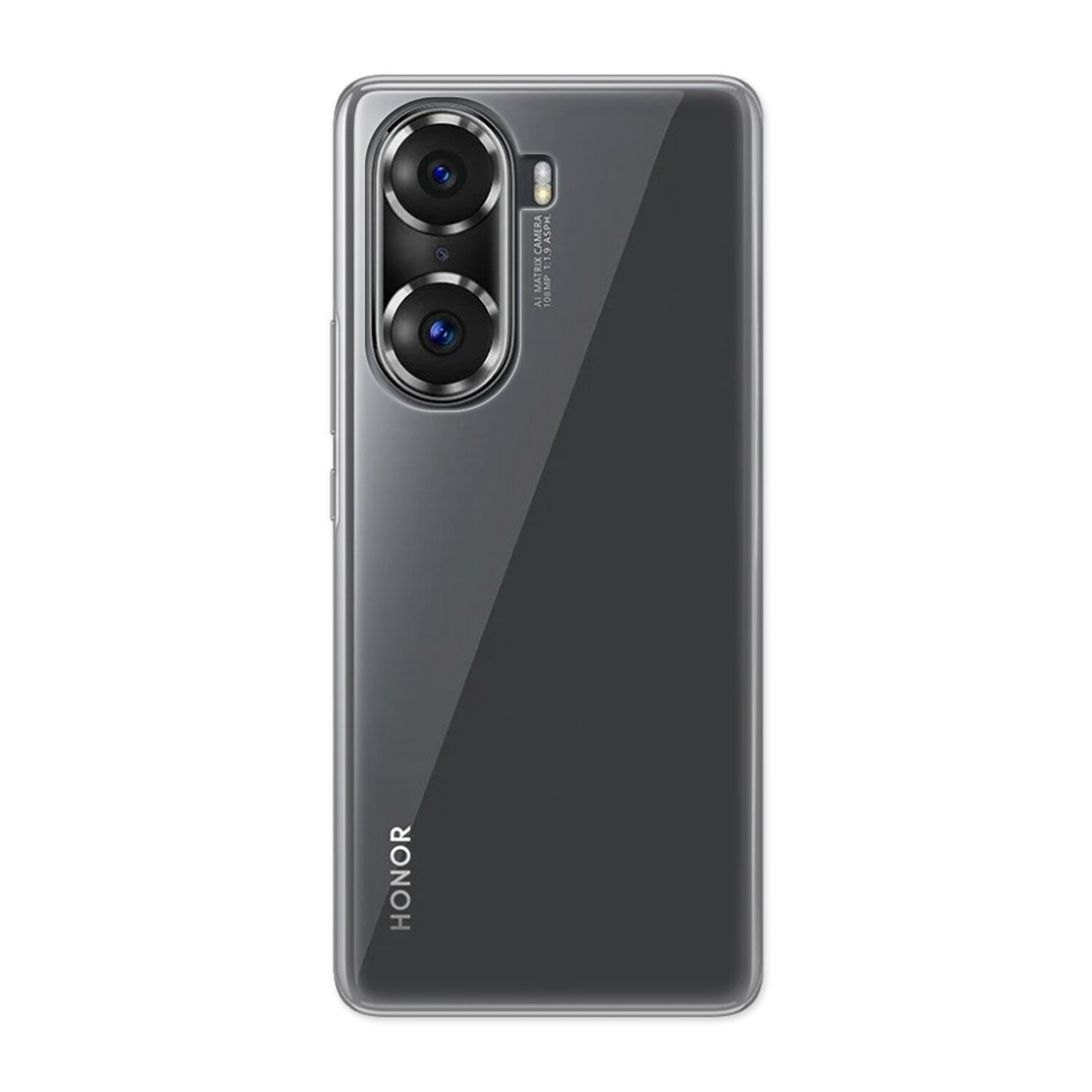 Ein schwarzes Smartphone auf weißem Hintergrund, mit sichtbarem Rückkamera-Setup.