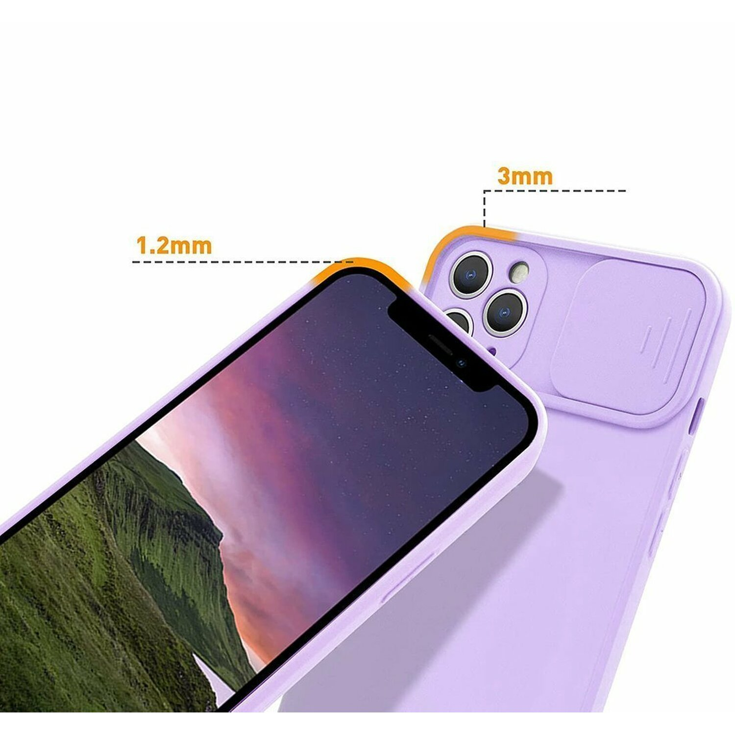 Un primo piano di una custodia viola. Lo schermo del telefono è nero, con erba verde sul display.