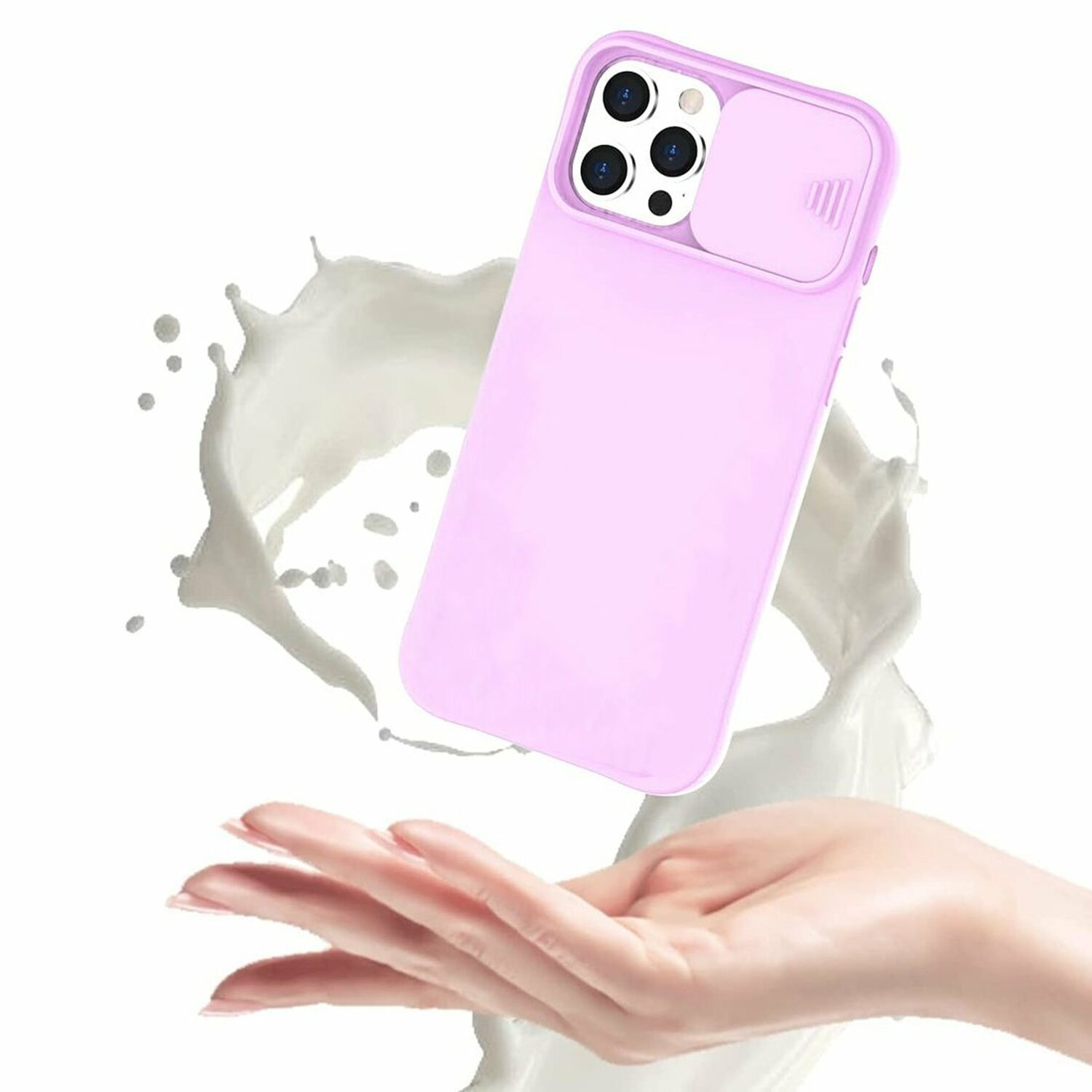 Una custodia per telefono rosa con protezione per la fotocamera. Uno schizzo di liquido dietro la custodia.