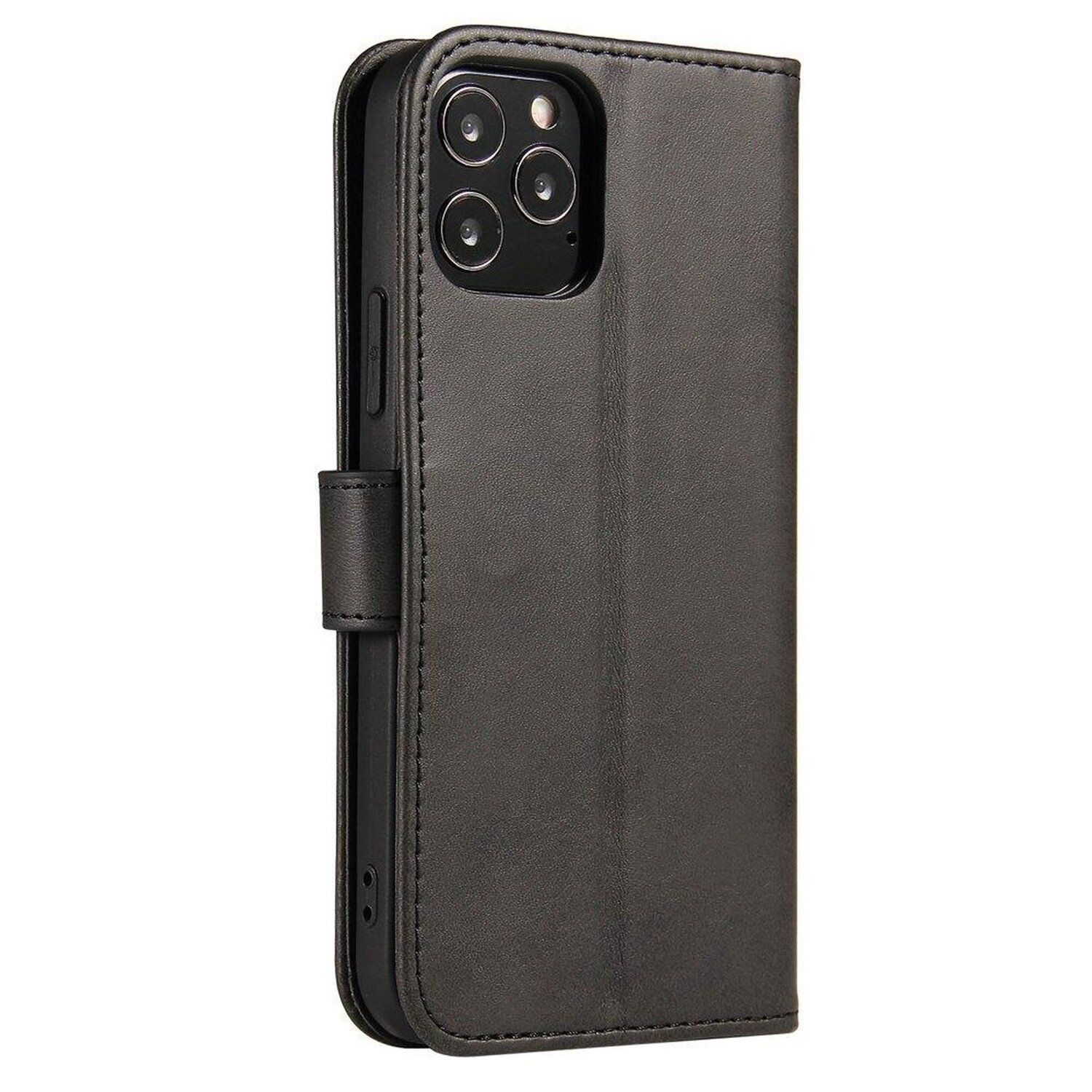 Custodia per telefono in pelle nera con un telefono all'interno, che mostra la fotocamera.