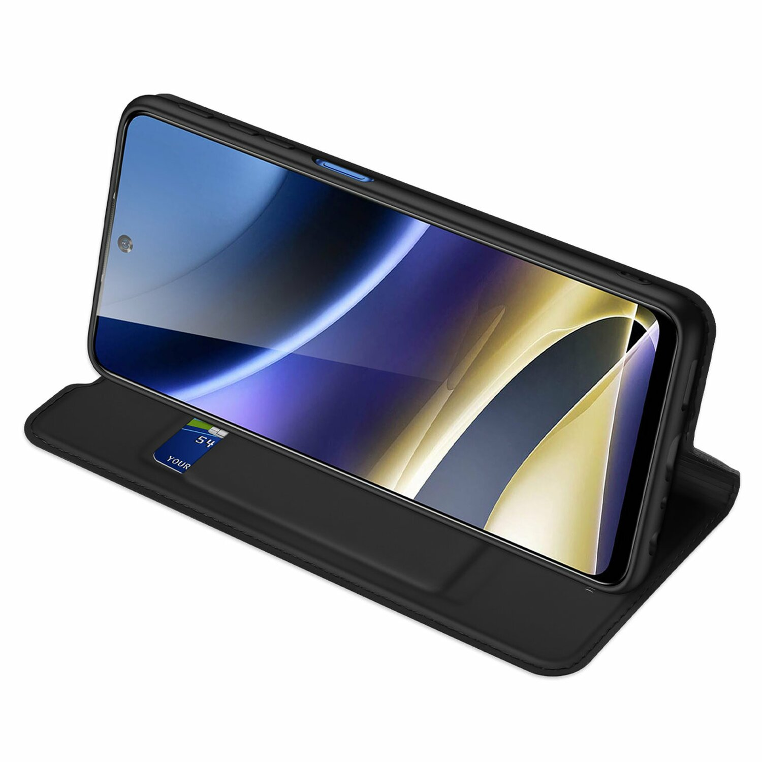Schwarzes Telefon in einer Brieftaschenhülle mit einer Karte, die eine 54 auf dem Bildschirm zeigt.