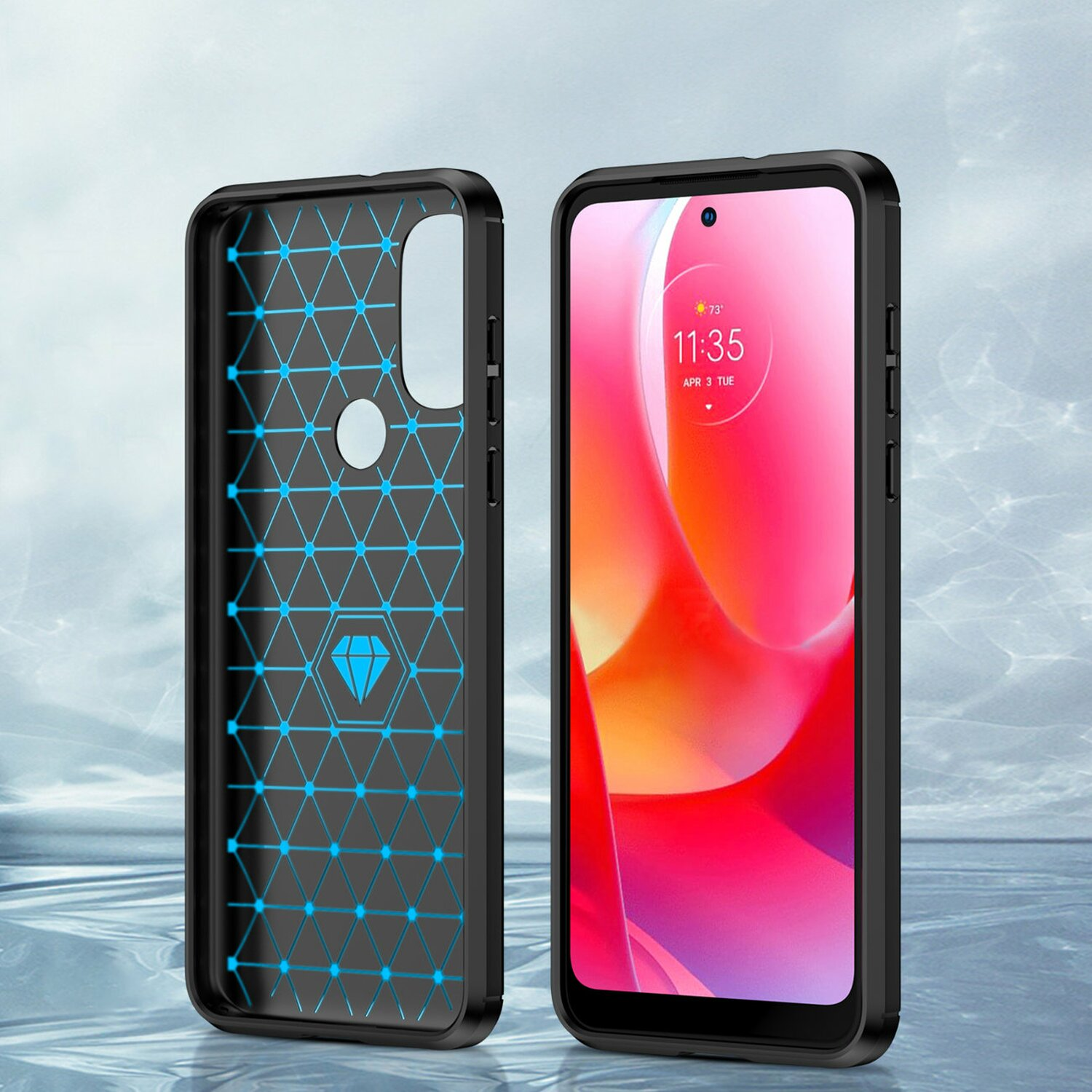 Handyhülle. Schwarzer Rahmen, Telefonanzeige. Grauer Hintergrund. Geometrisches blaues Muster auf der Rückseite.