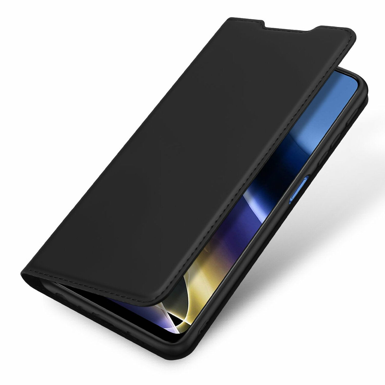Schwarze Telefonhülle, geöffnet. Das Telefon ist innen sichtbar, mit blauem Rand.
