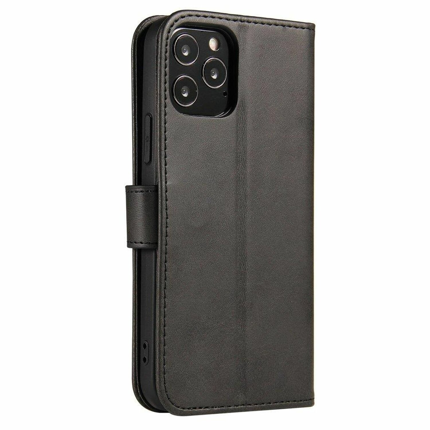 Custodia per telefono nera, chiusa, con telefono all'interno. La custodia ha una chiusura magnetica.