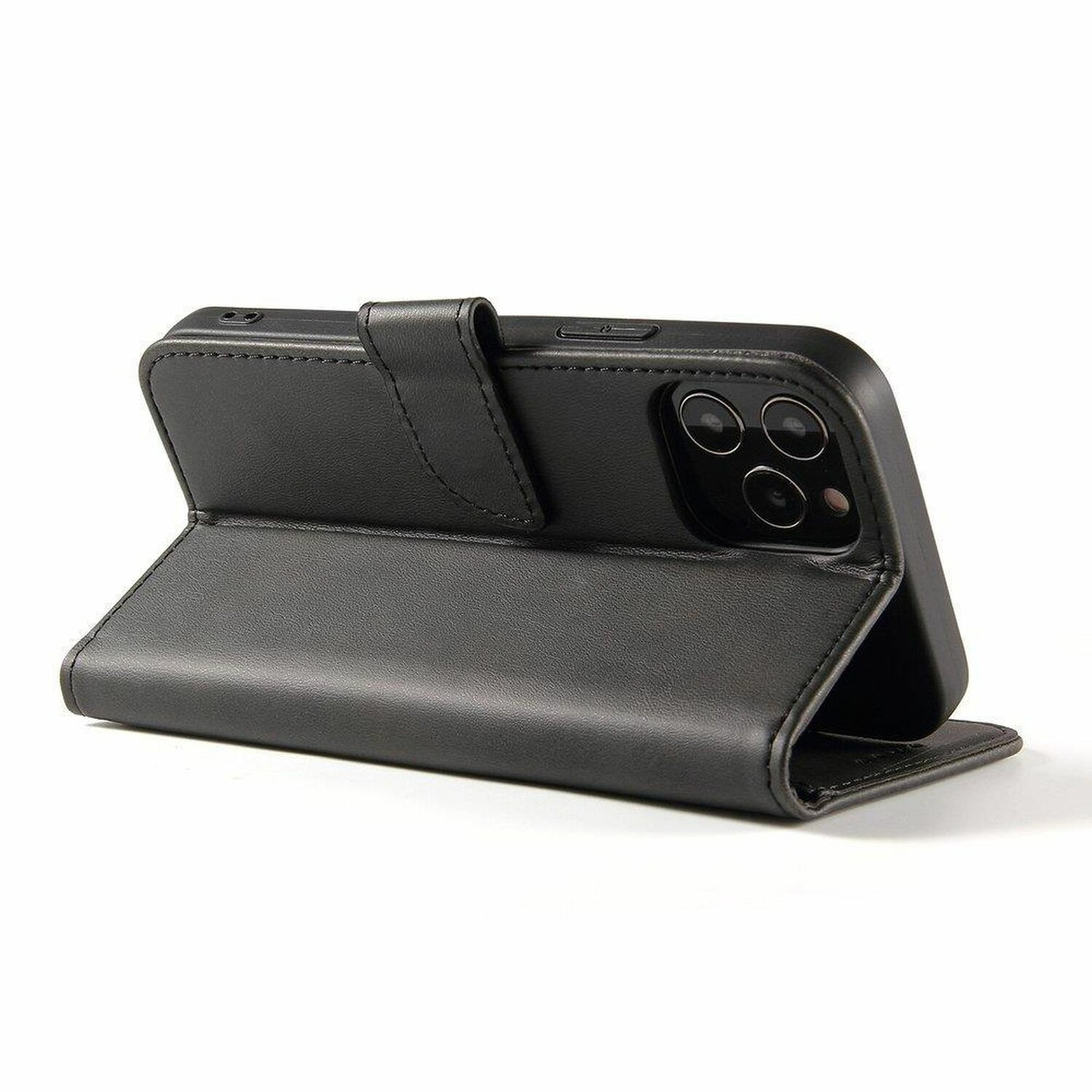 Una custodia per telefono nera con un telefono all'interno, aperta per mostrare lo schermo.