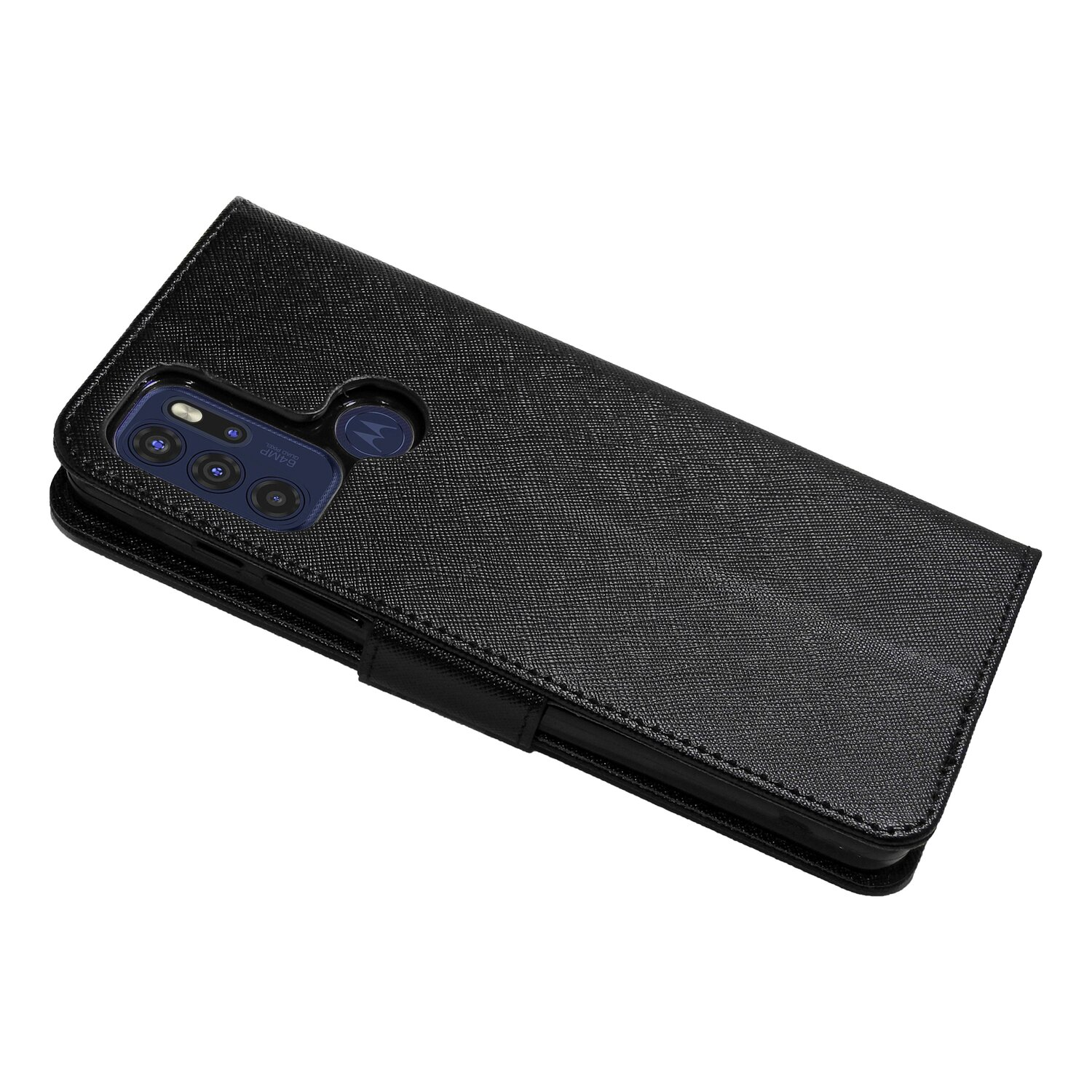 Schwarze Handyhülle mit Telefon darin. Die Hülle ist geöffnet. Der Hintergrund ist weiß.