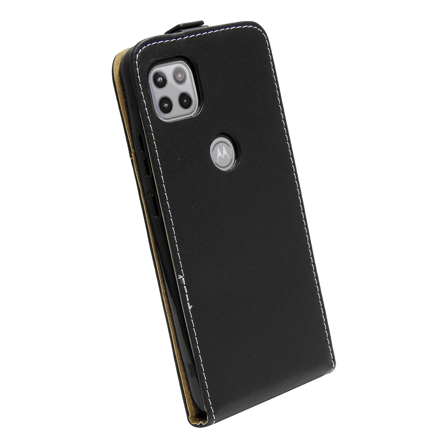 Schwarze Handyhülle mit weißen Nähten, Motorola-Logo und Kameras. Auf weißem Hintergrund.