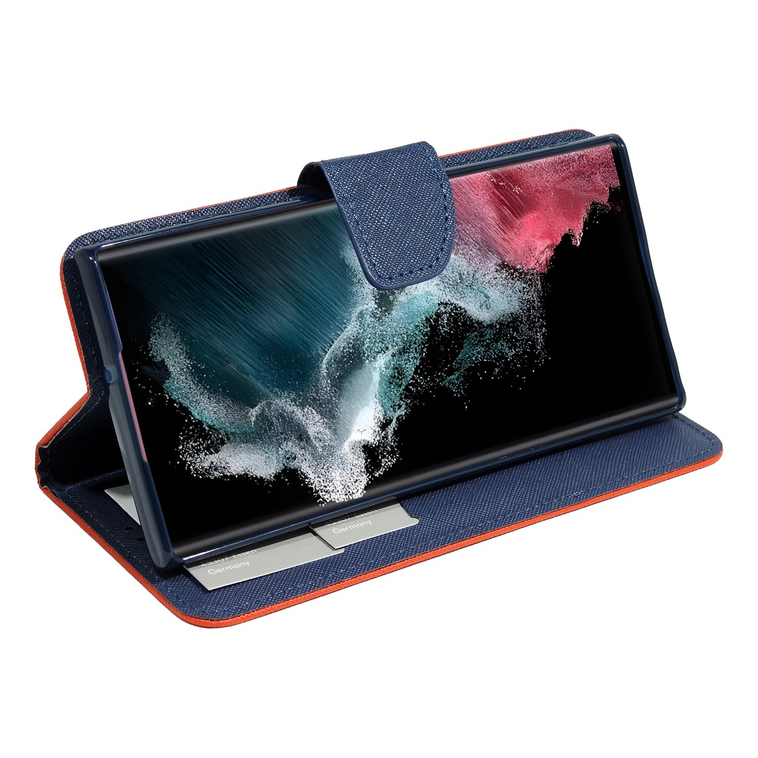 Geöffnete blaue Handyhülle mit Telefon. Telefon zeigt bunte abstrakte Kunst.