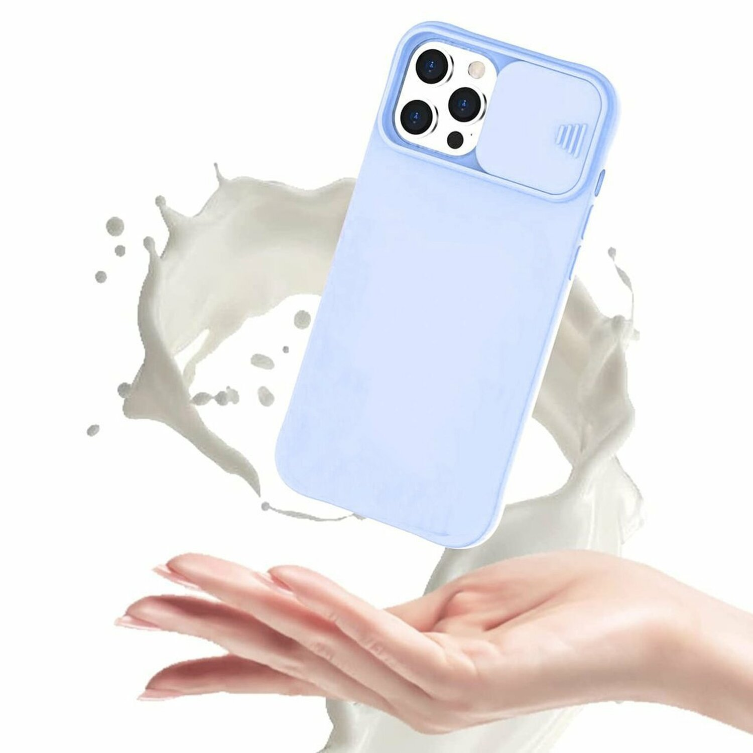 Custodia per telefono azzurra con copertura per fotocamera, tenuta in mano, con uno schizzo di liquido bianco.