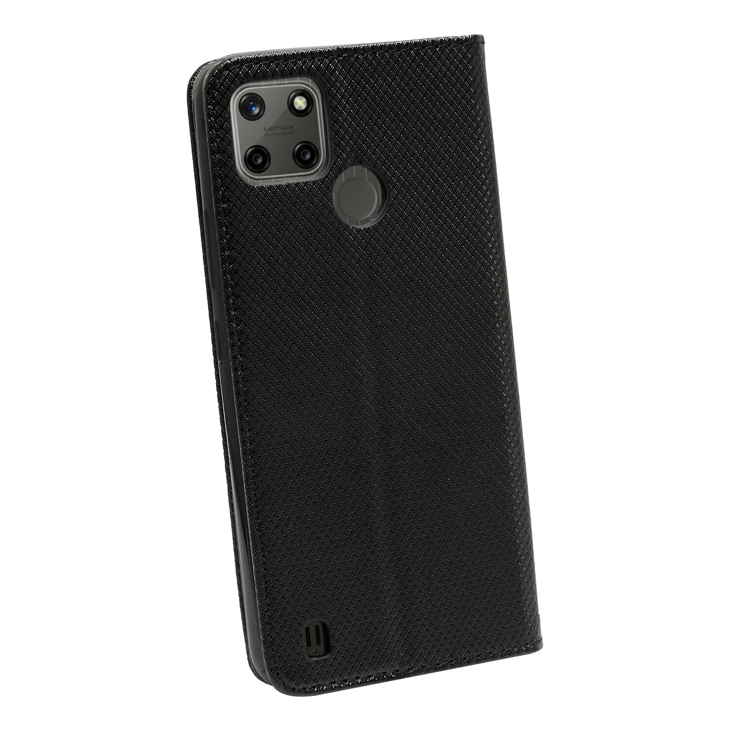 Schwarze Handyhülle mit strukturierter Oberfläche. Telefonkamera sichtbar. Weißer Hintergrund.