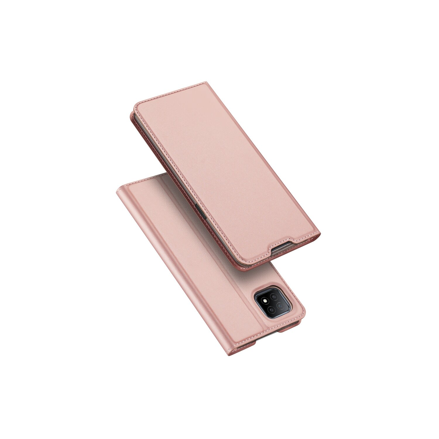 Geöffnete rosa Handyhülle. Die Innenseite ist rosa und die Außenseite ist rosa. Die Hülle liegt auf einer weißen Oberfläche.
