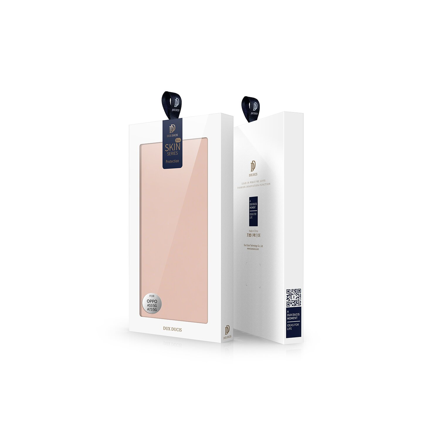 Weiße und rosa Handyhüllen-Verpackung, mit zwei Kartons, die das Produkt zeigen.