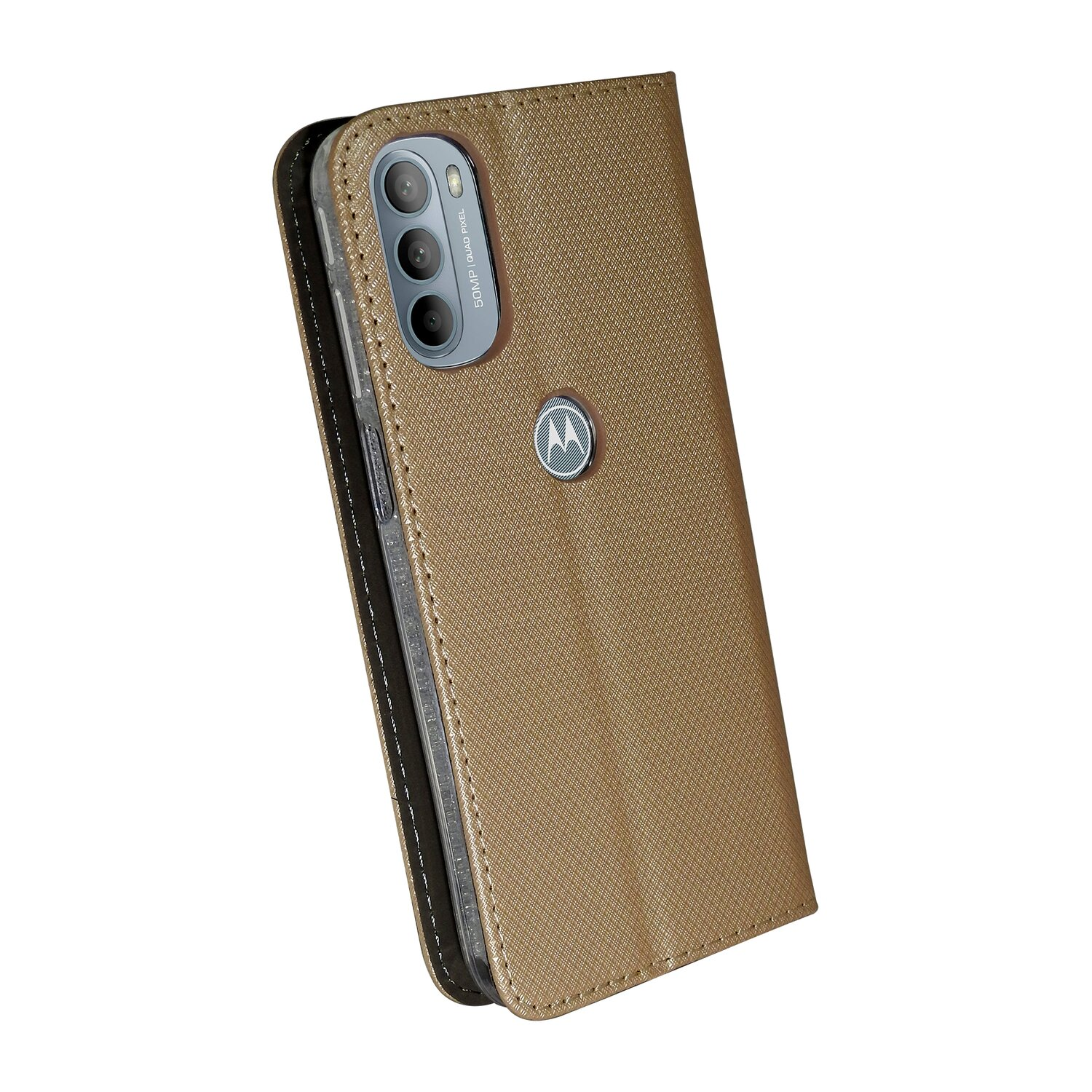 Goldene Handyhülle mit Handy, silbernes Motorola-Logo. Schräge Ansicht.