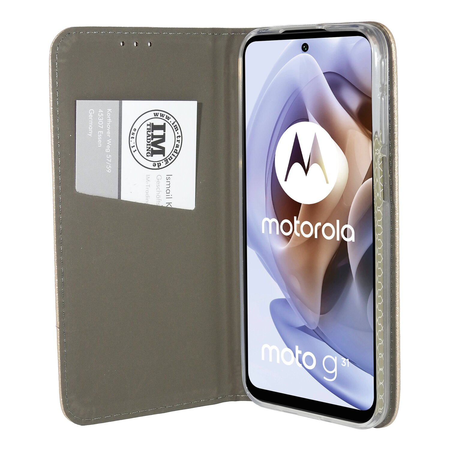 Handyhülle mit Telefon darin. Die Hülle ist gold- und beige. Auf dem Telefon steht Motorola.