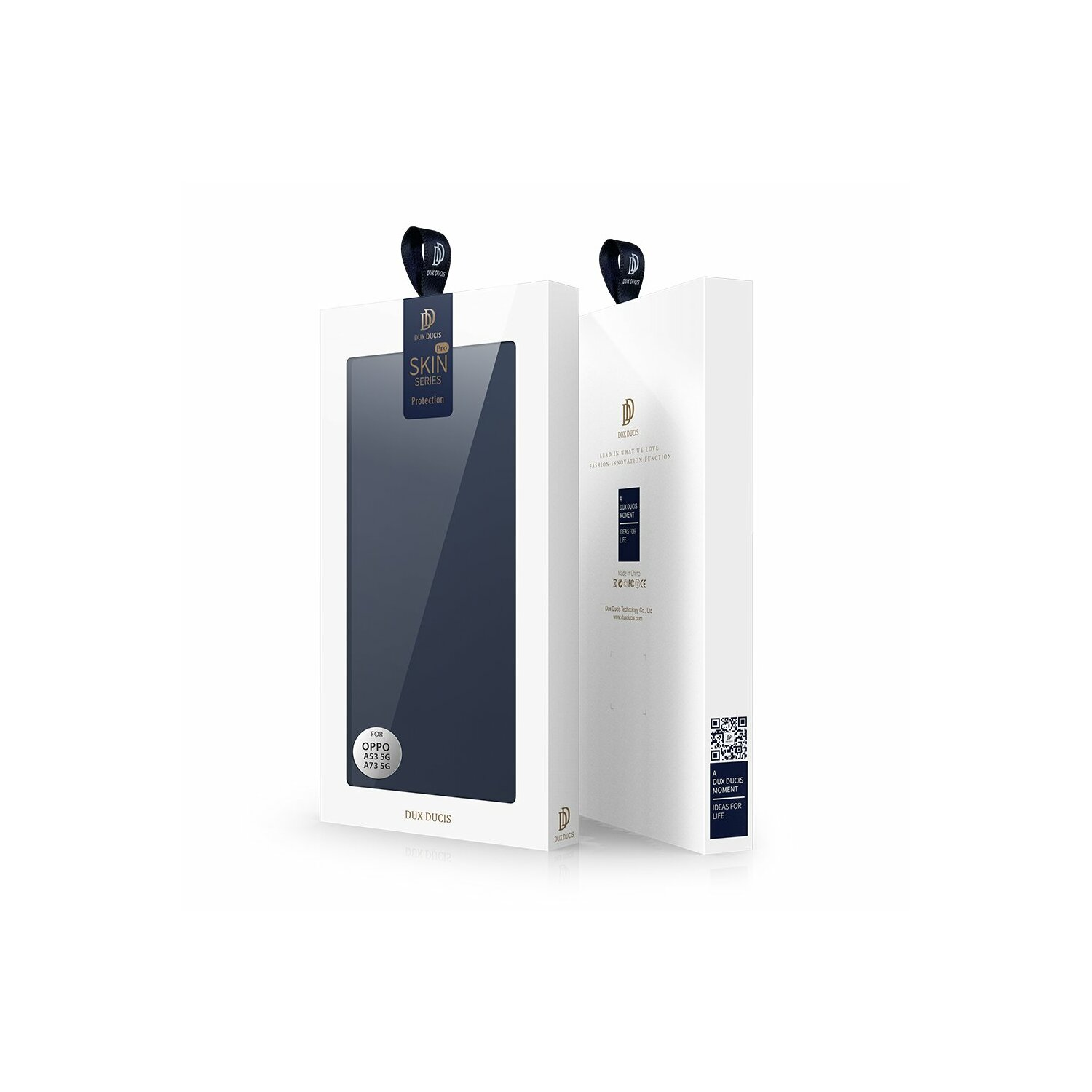 Zwei weiße Telefonboxen mit Text und Logos, eine offen, vor weißem Hintergrund.