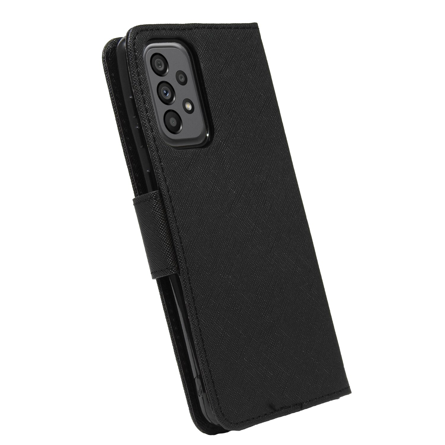 Eine schwarze Handyhülle auf einer weißen Oberfläche, geöffnet, um ein Telefon im Inneren zu zeigen. Schwarze Stoffstruktur.
