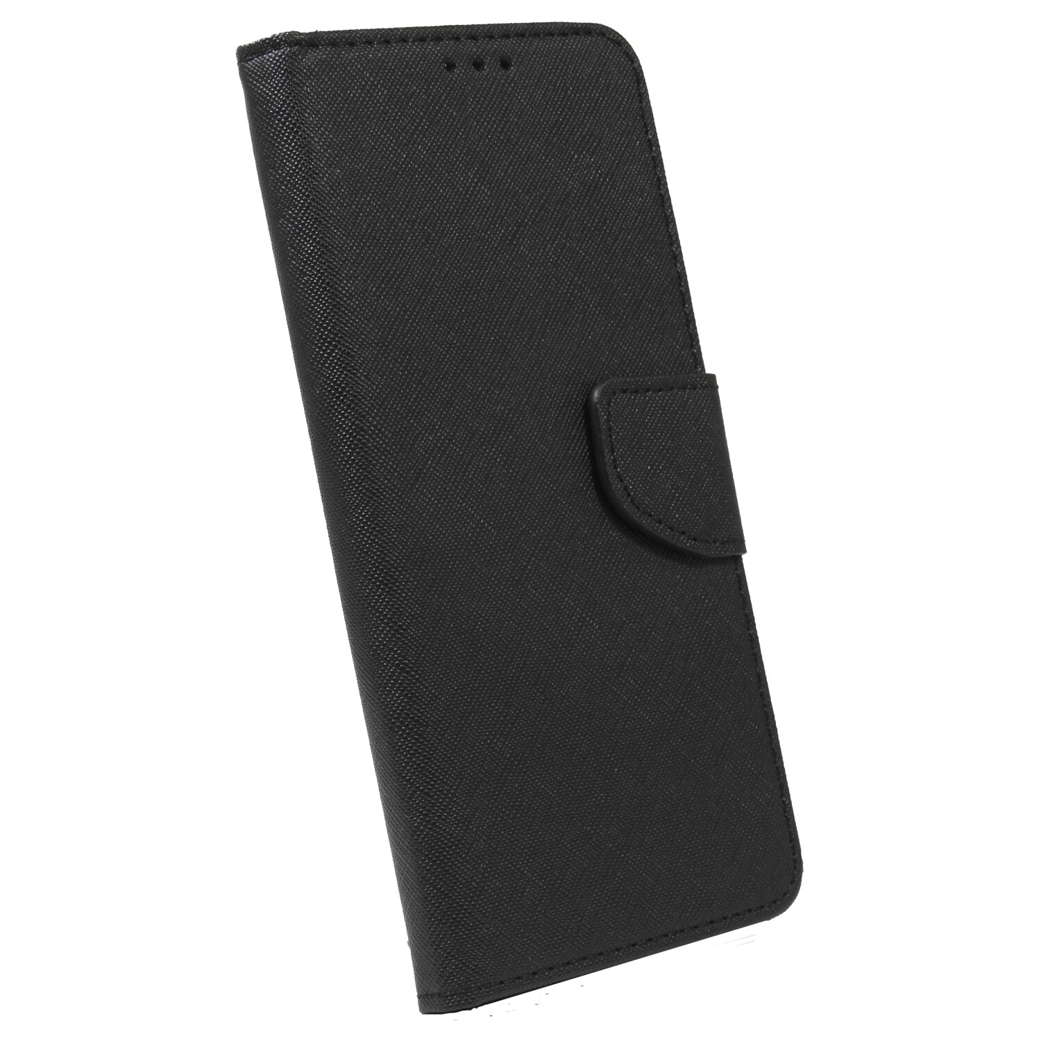Schwarze Telefonhülle, geschlossen, mit strukturierter Oberfläche und Klappenverschluss.