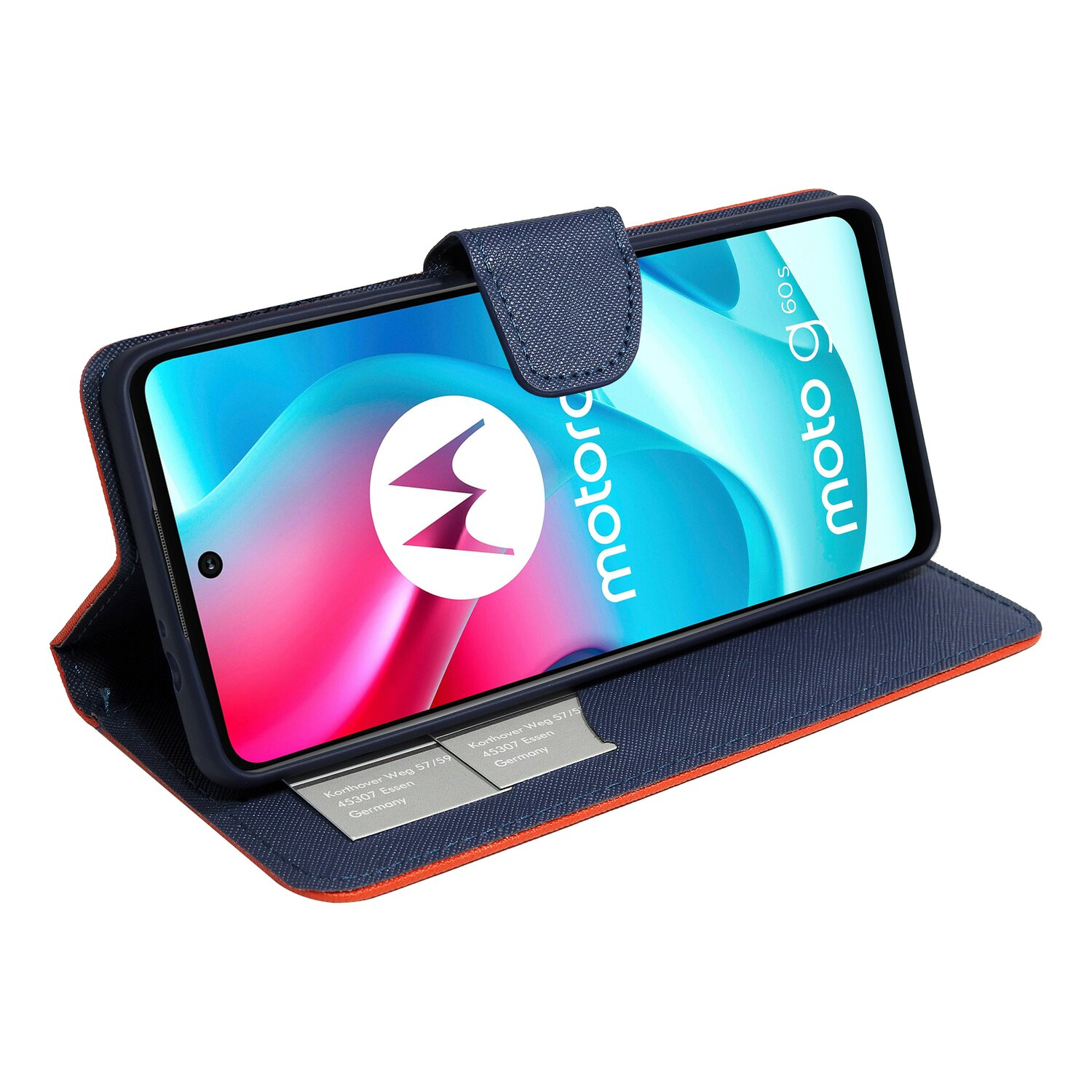Geöffnete Handyhülle. Motorola-Telefon auf dem Display. Marineblaues Äußeres mit orangefarbenem Rand. Kartenfächer innen. Weißer Hintergrund.