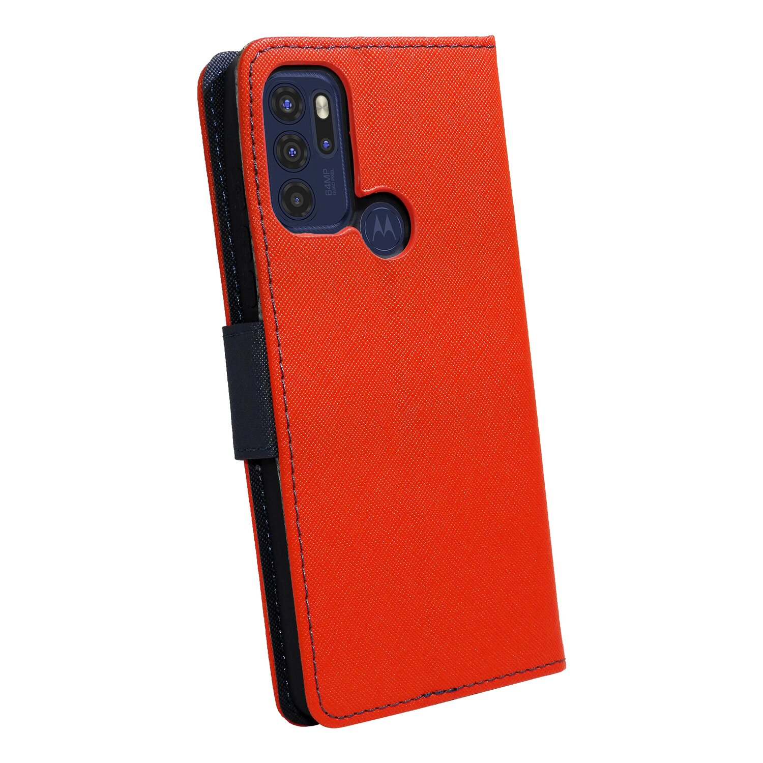 Rote Handyhülle mit schwarzem Telefon. Hülle offen, mit dunkelblauem Riemen.
