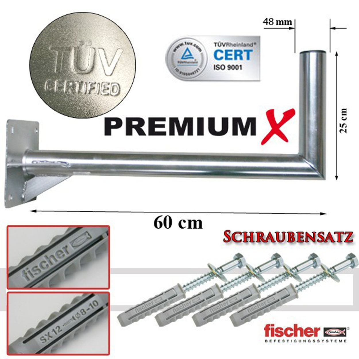 SAT-Wandhalterung, Wandhalter 60cm Stahl verzinkt SAT Silber Fischer PREMIUMX Antenne Schraubensatz 1x Wandhalterung