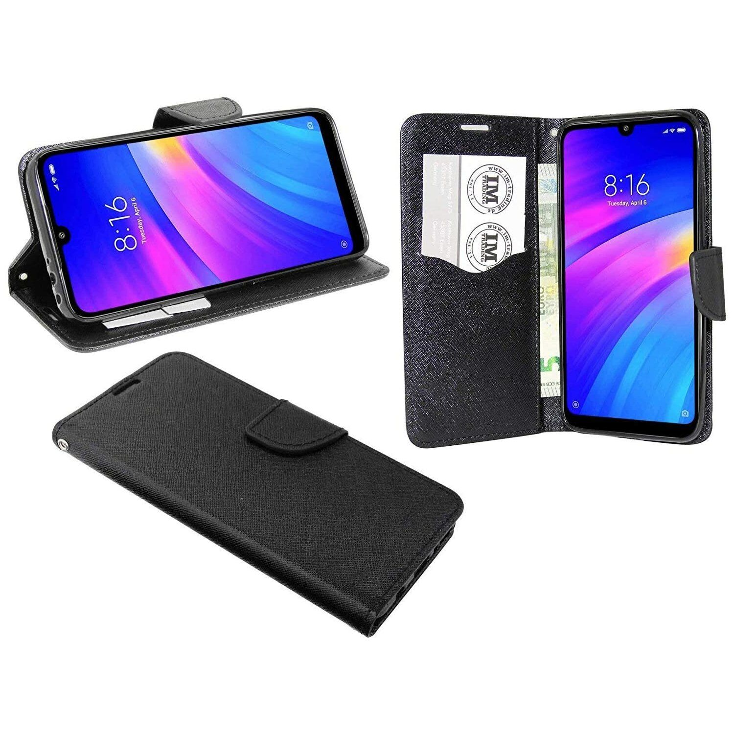 Schwarze Handyhülle mit einem Telefon darin. Im Inneren der Hülle befindet sich ein Kartenfach.