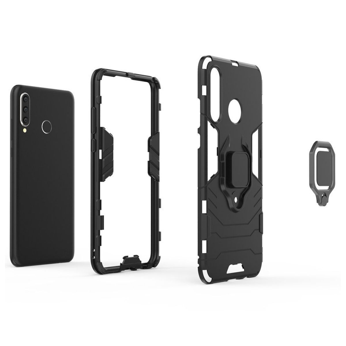 Schwarze Handyhüllen-Komponenten: Telefon, Rahmen, Rückwand und ein Ständer. Die Teile sind getrennt.