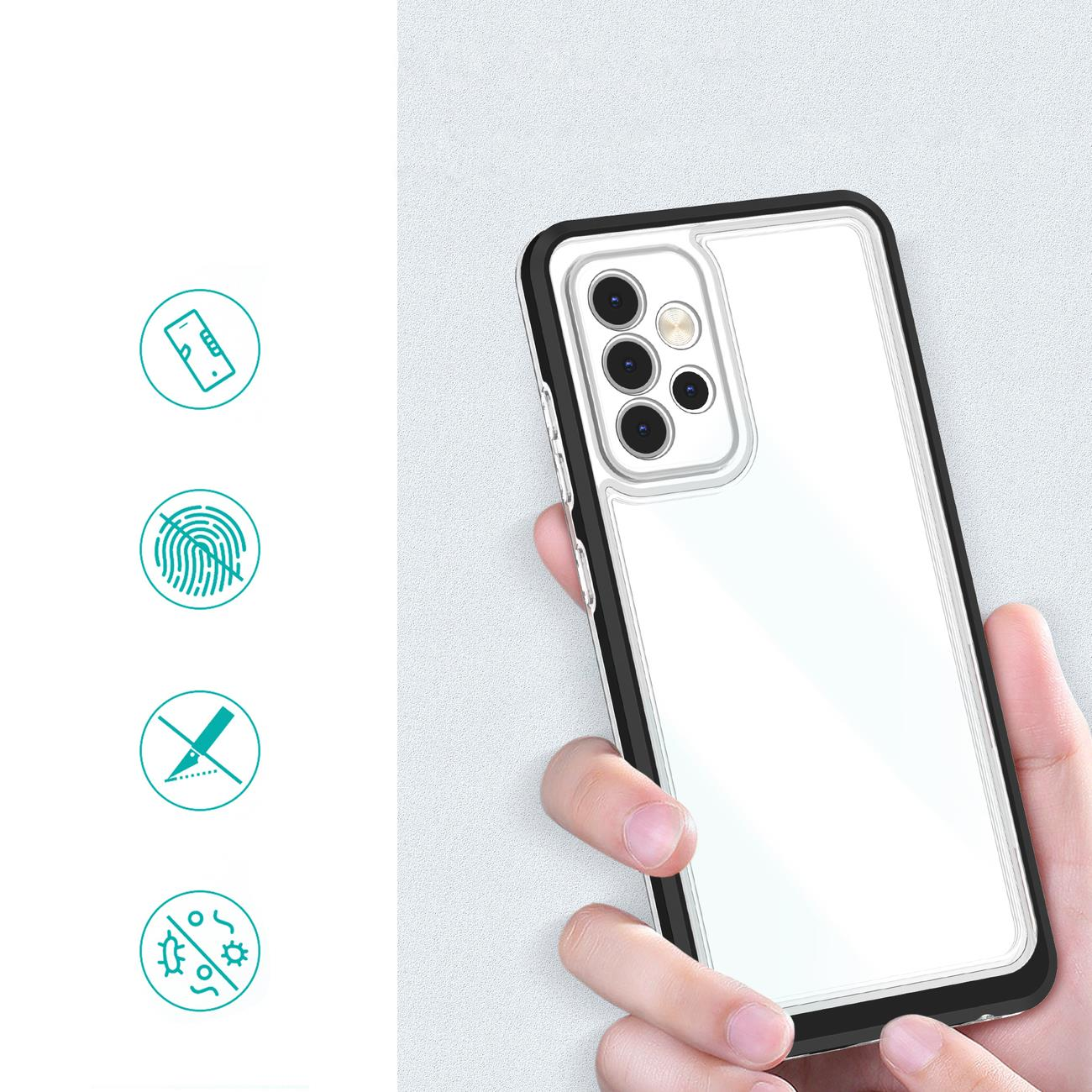 Transparente Handyhülle mit Symbolen für Funktionen wie Fingerabdruckresistenz und Kratzschutz.