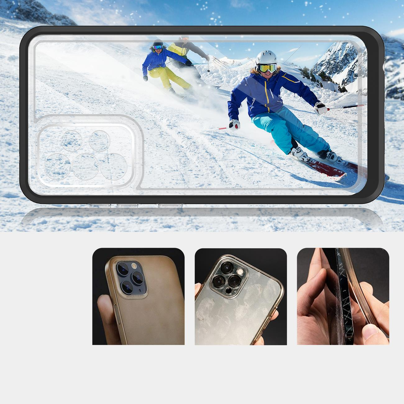 Telefonbildschirm mit Skifahrern auf einem verschneiten Berg. Drei Gehäusebilder: Gold, Fingerabdrücke, und Rand.